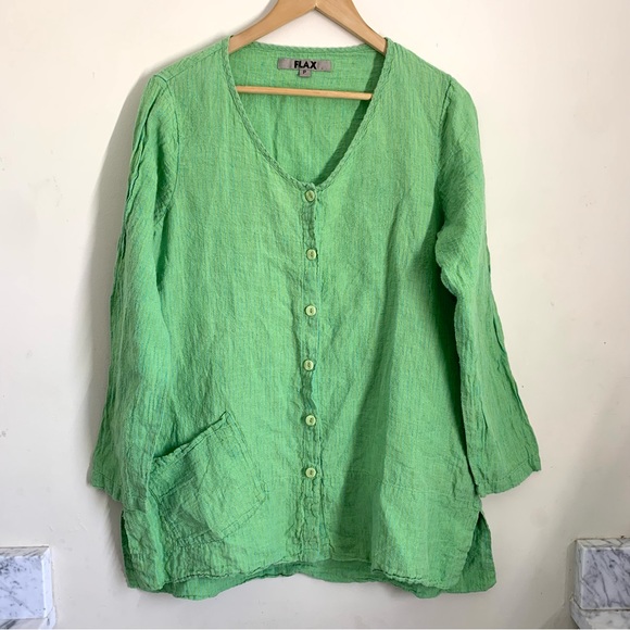 FLAX SALE Linen Longline Oversized Striped Button Top Green size 4-6 (P) - Picture 1 of 10